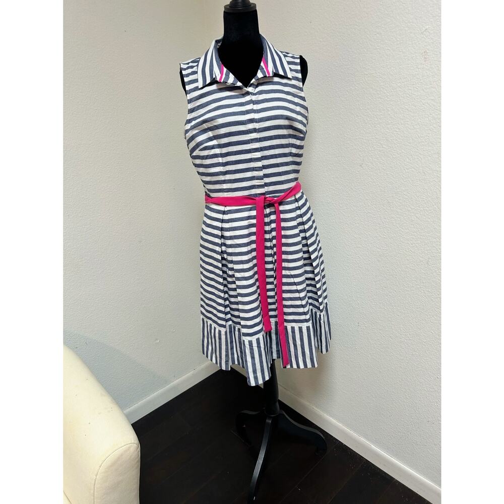 ELIZA J. “Kentucky Derby Style” Blue Striped / Pink Sash Pleated Dress/Size -12